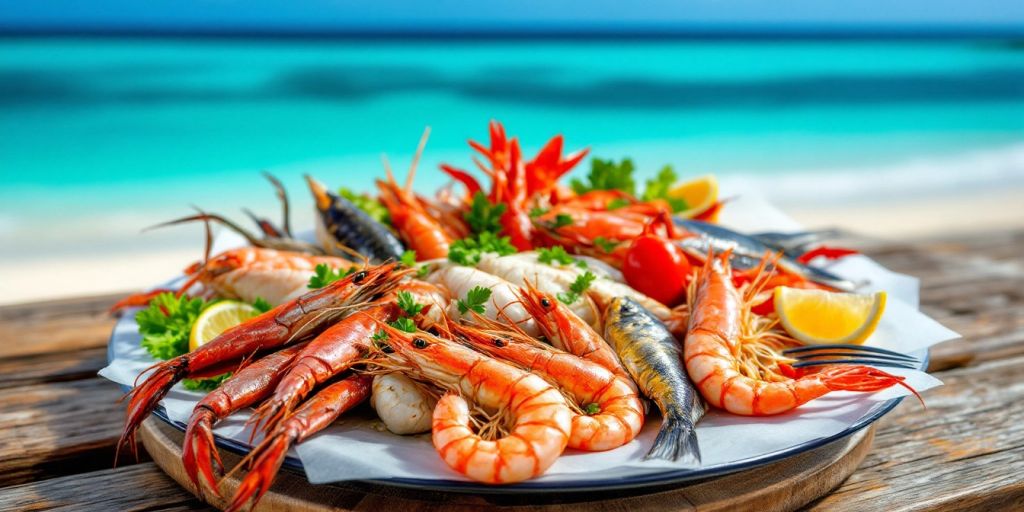 Colorful seafood platter on a beachside table.