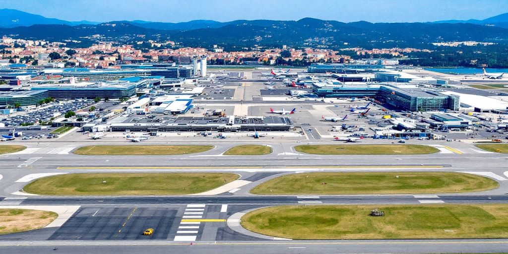 Aerial view of busy Italian airports with airplanes.