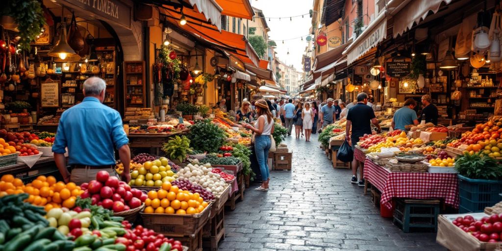 Colorful Italian market with fresh produce and shoppers.