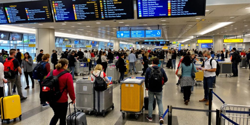 Crowded Athens Airport terminal with travelers and luggage.