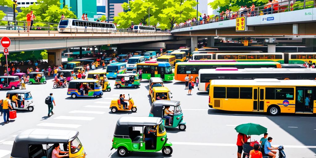 Colorful tuk-tuks and buses in busy Bangkok streets.