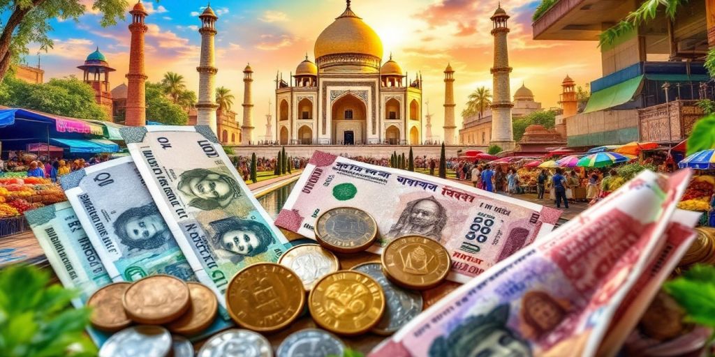 Indian currency notes and coins with landmarks in background.