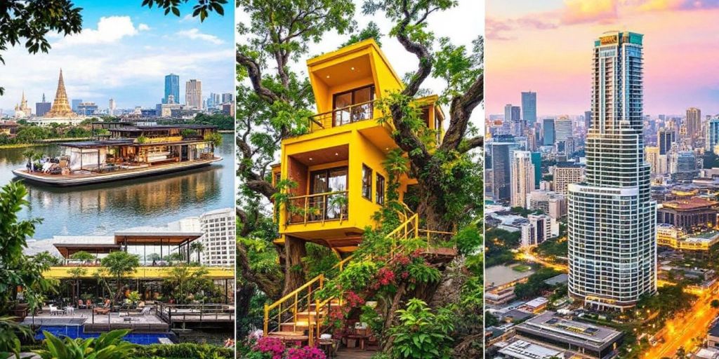 Collage of unique hotels in Bangkok.