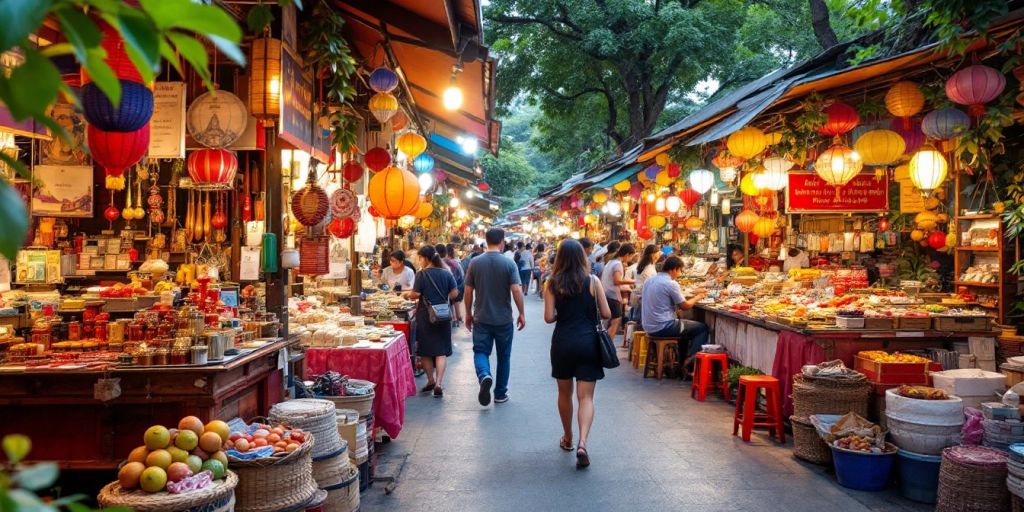 Colorful street market in Thailand with local currency.