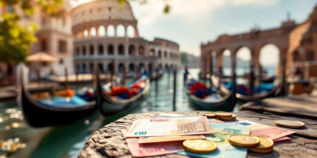 Italian Euro currency on a wooden table with landmarks.