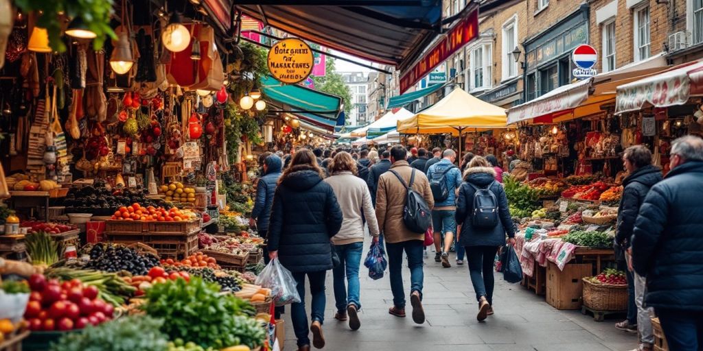 Colorful London market with shoppers and diverse stalls.