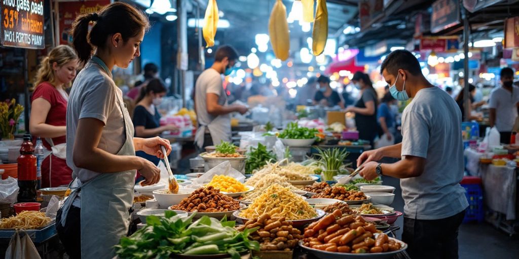 Colorful food stalls in a bustling Bangkok street market.