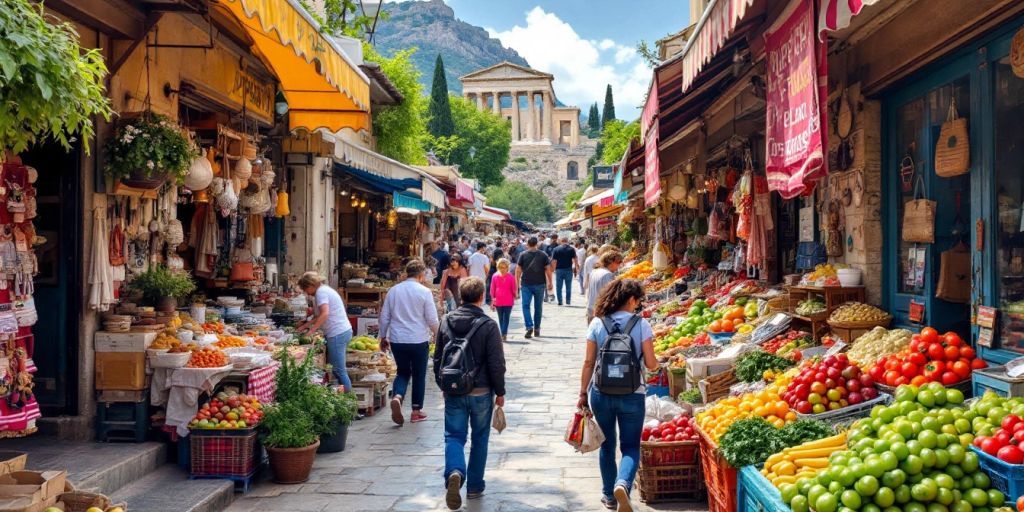 Colorful market stalls in Delphi with shoppers exploring.