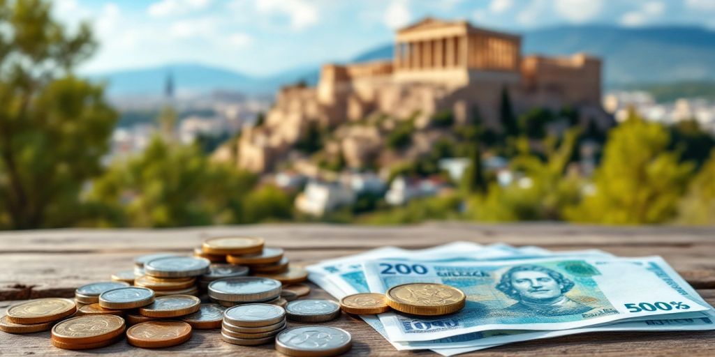 Greek currency coins and banknotes on a wooden table.