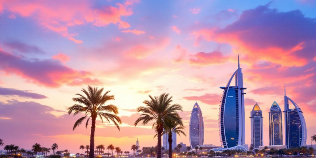 Luxurious Dubai hotels with sunset and palm trees.