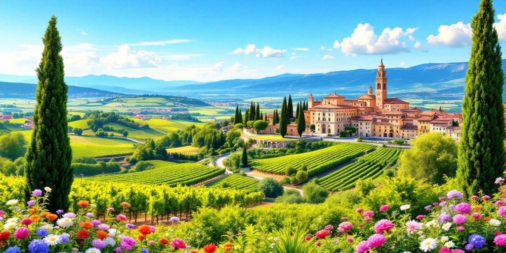 Picturesque Italian landscape with hills and vineyards.