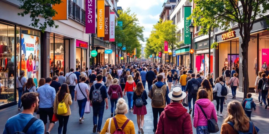 Crowd shopping in a modern London mall.