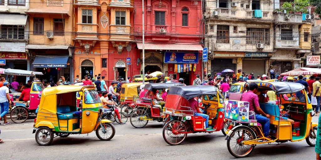 Colorful rickshaws and busy streets in India.