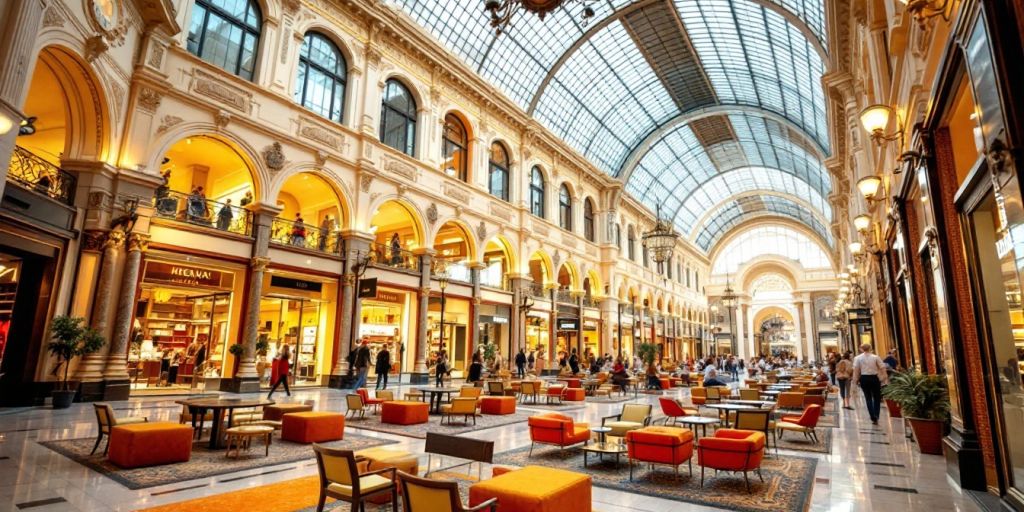 Beautiful shopping mall interior in Italy with luxury stores.