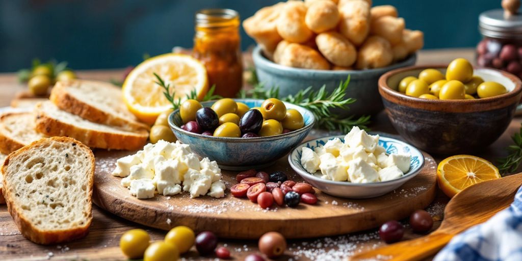 Delphi local delicacies including olives and cheese on table.