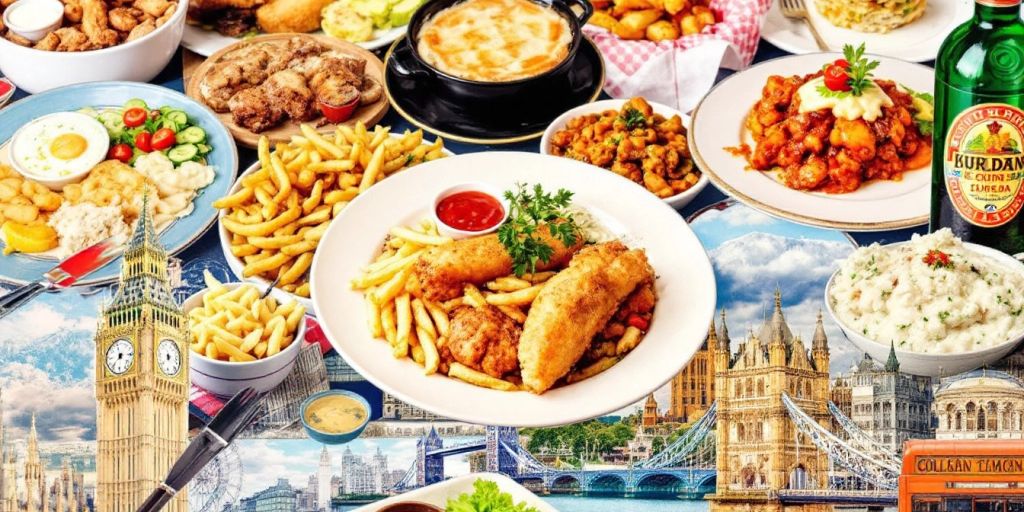 Collage of London dishes with famous landmarks.