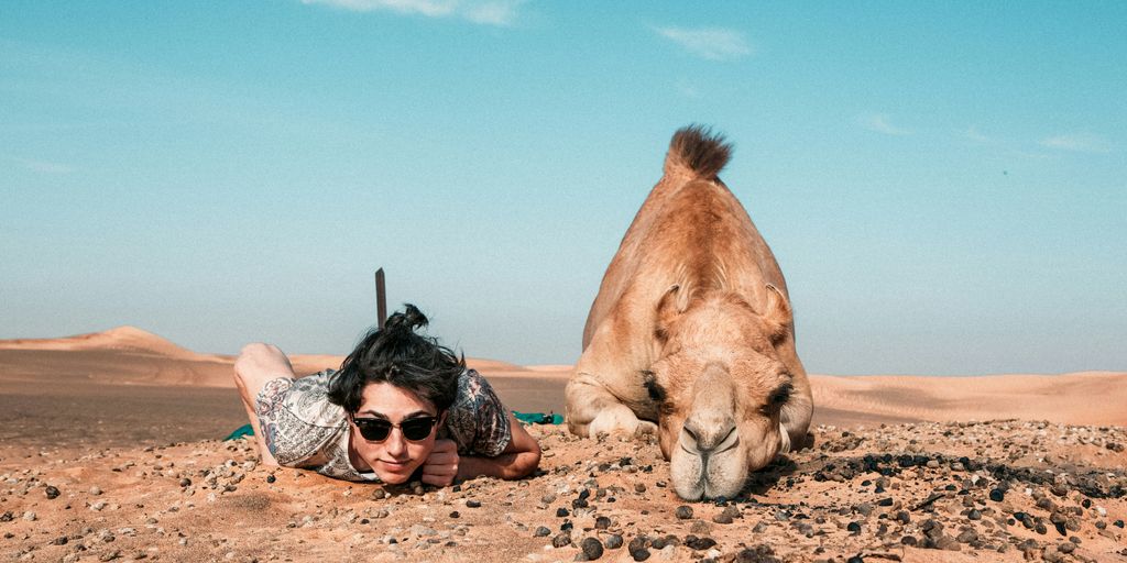 man and camel lying on ground