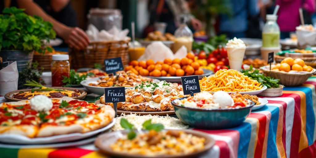 Colorful Italian street food spread on a market stall.