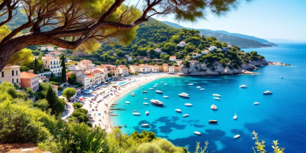 Coastal view of Corfu with boats and greenery.