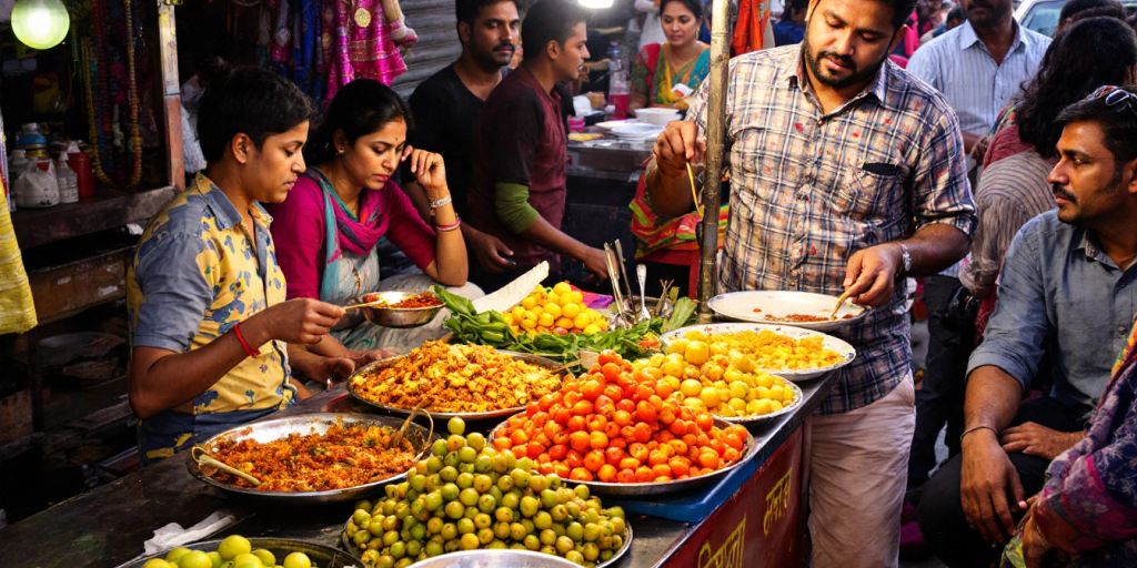 Vibrant street food stall in India with delicious dishes.