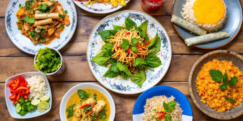 Colorful Thai dishes with herbs and fresh ingredients.