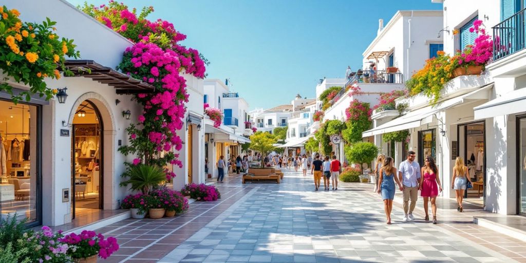 Stylish shopping mall in Mykonos with boutiques and terraces.