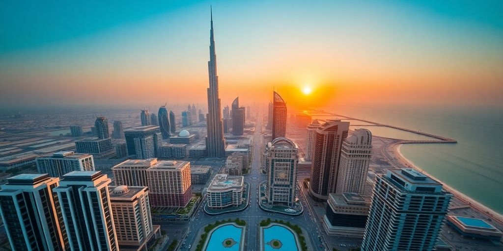 Aerial view of Dubai's skyline at sunset.