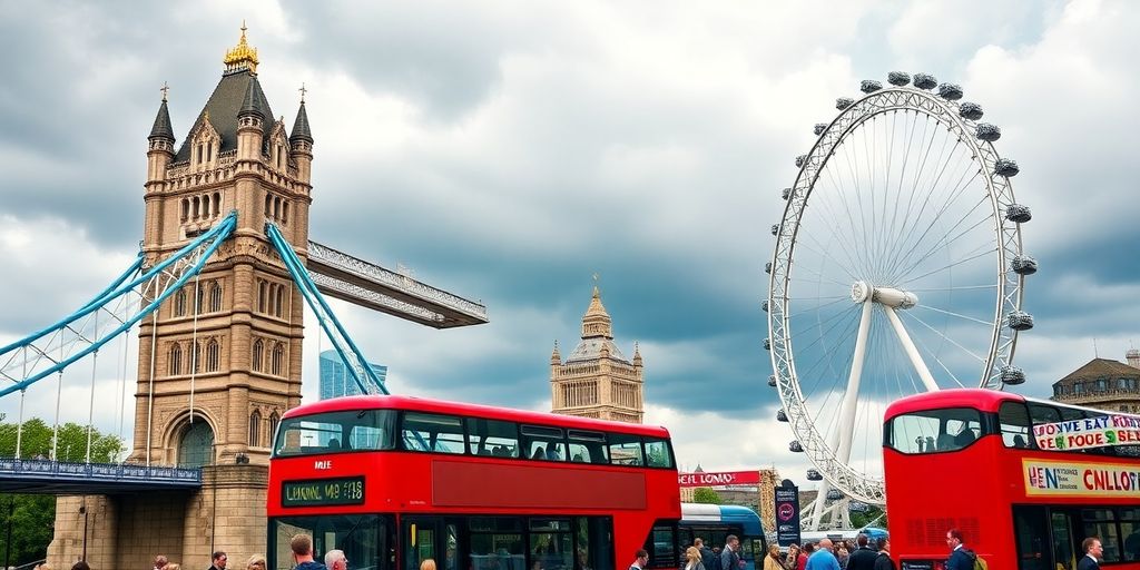 Iconic London landmarks and a red double-decker bus.