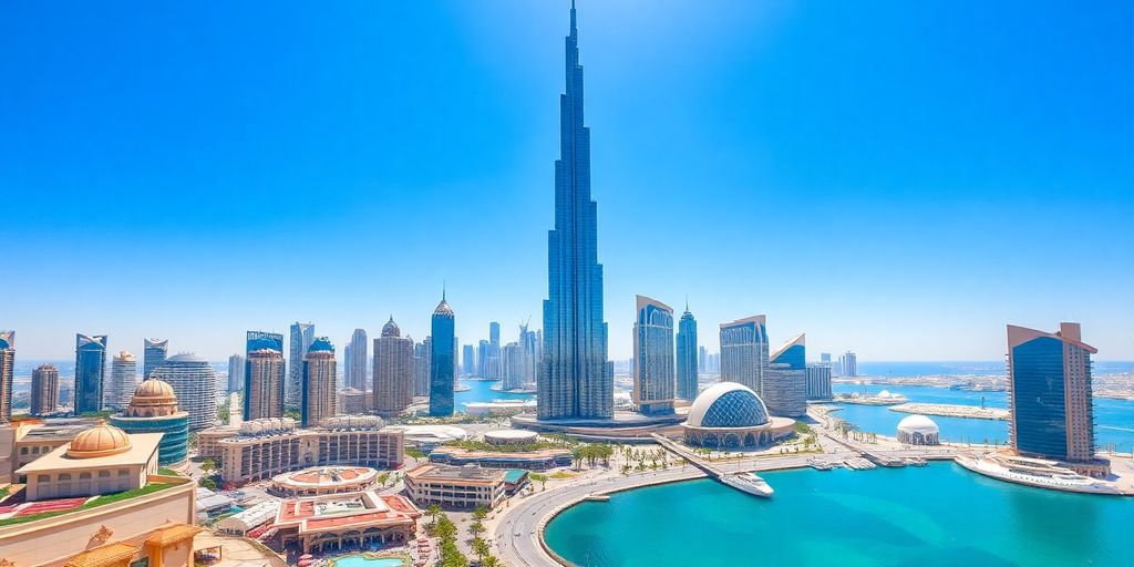 Dubai skyline with Burj Khalifa and luxury resorts.