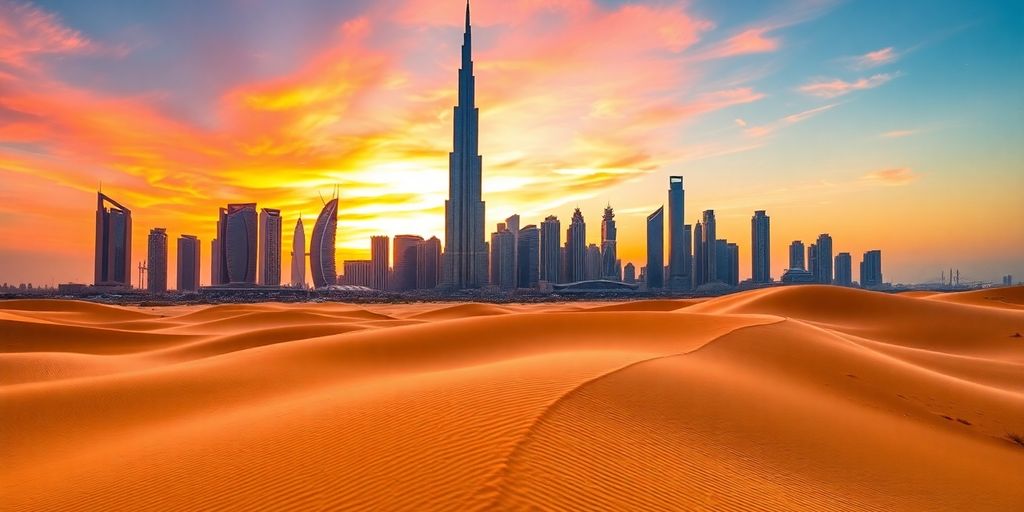 Dubai skyline at sunset with desert adventure scenes.