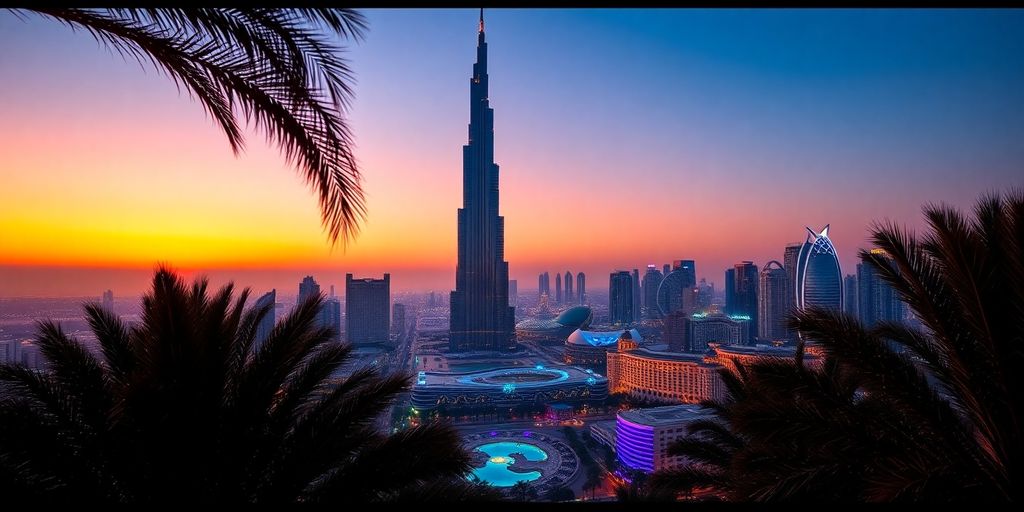 Dubai skyline with Burj Khalifa at sunset.