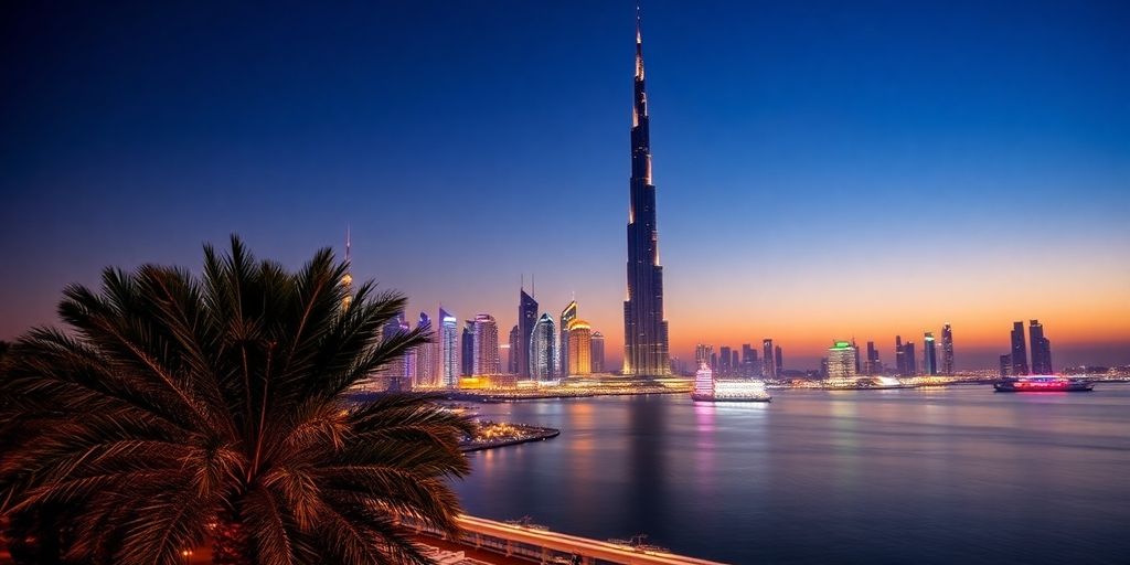 Dubai skyline at dusk with Burj Khalifa and palm trees.