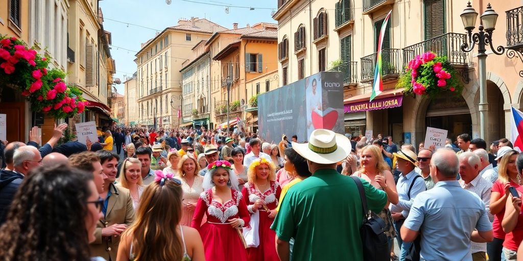 Colorful costumes and lively crowds at an Italian festival.