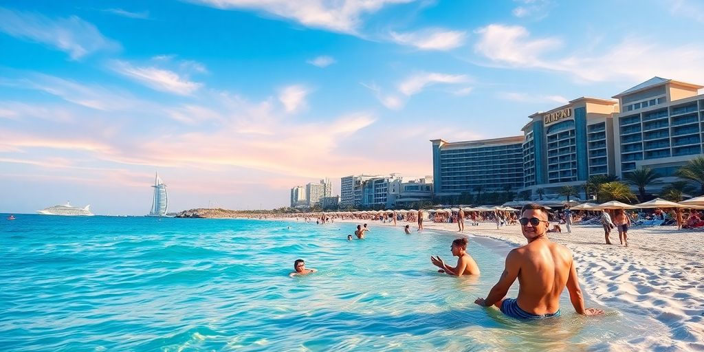 Scenic beach in Dubai with travelers enjoying the sun.