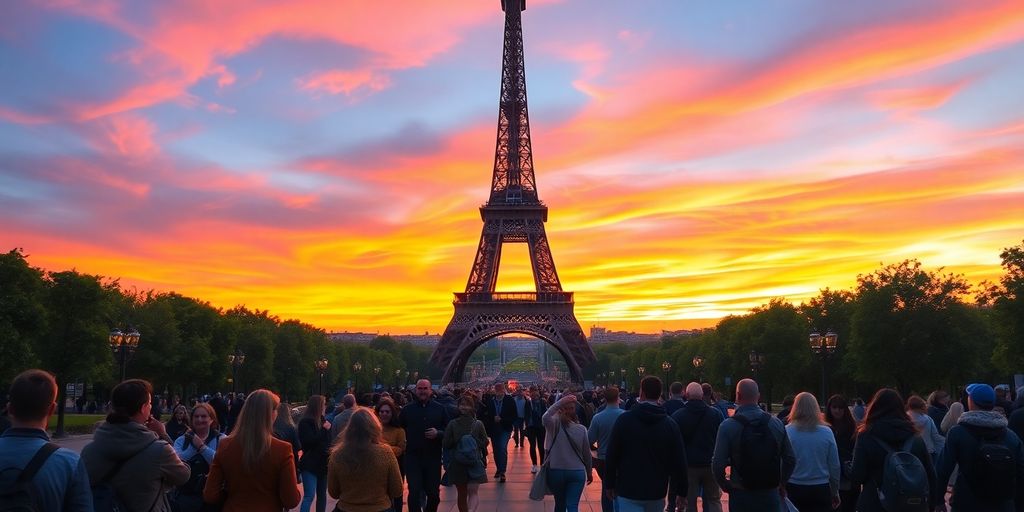 Eiffel Tower at sunset with tourists nearby.