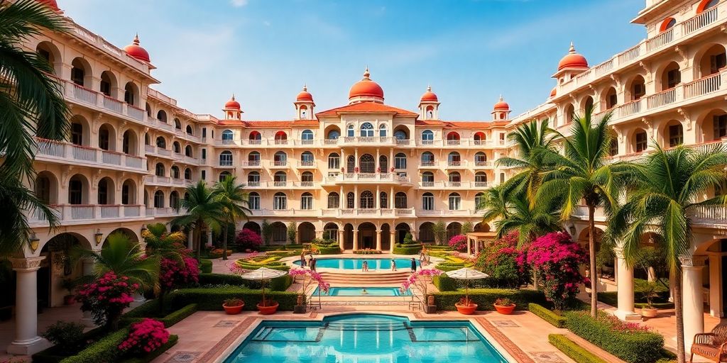 Luxurious hotel in India with grand architecture and gardens.