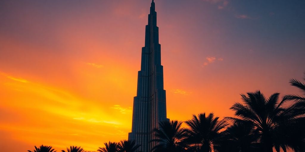 Burj Khalifa at sunset with palm trees in silhouette.