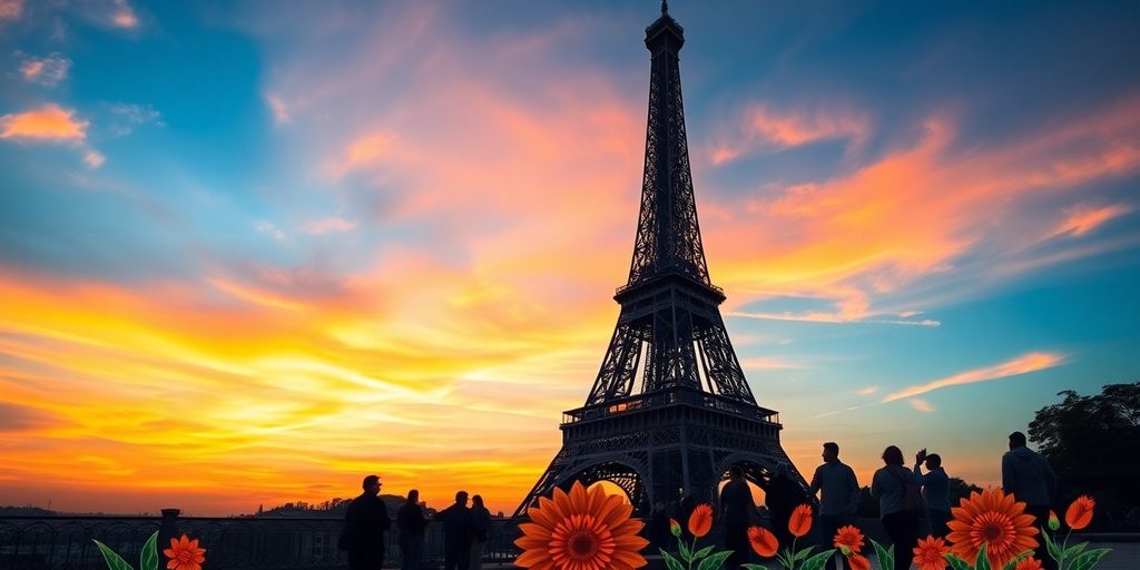 Eiffel Tower at sunset with travelers and Indian motifs.