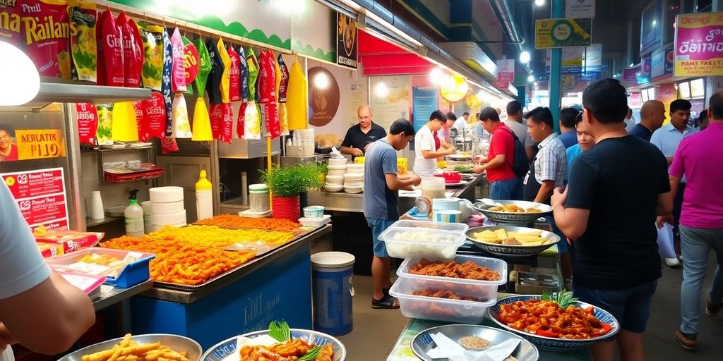 Colorful street food stalls with delicious Thai dishes.