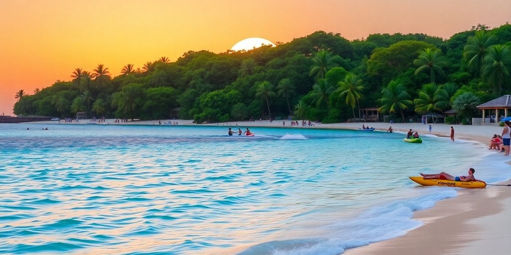 Tropical beach with clear waters and sunset backdrop.