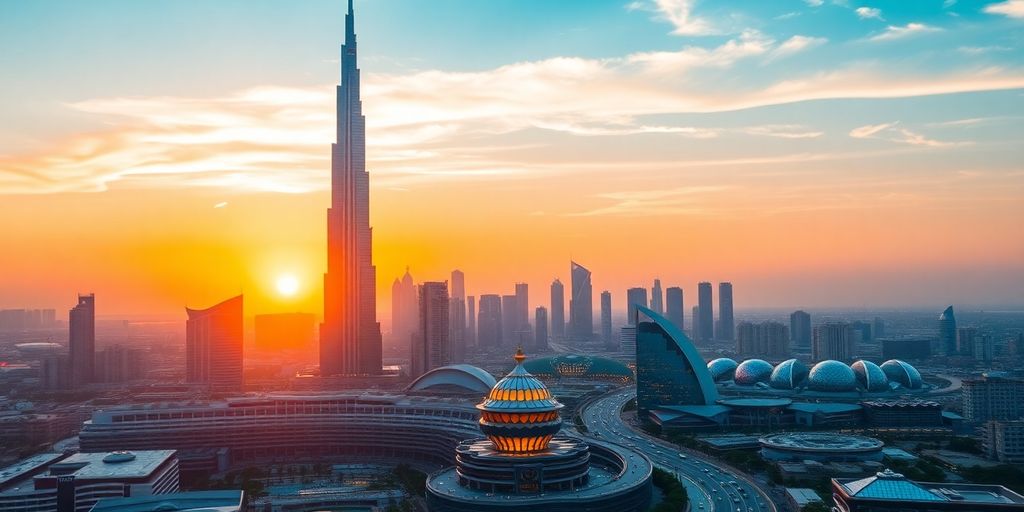 Dubai skyline with Burj Khalifa during a vibrant sunset.