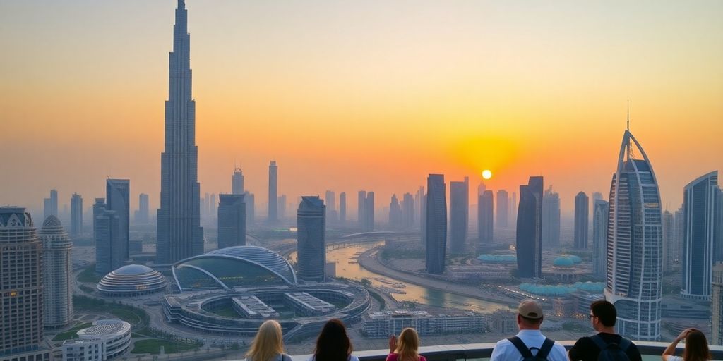 Dubai skyline with Burj Khalifa at sunset.