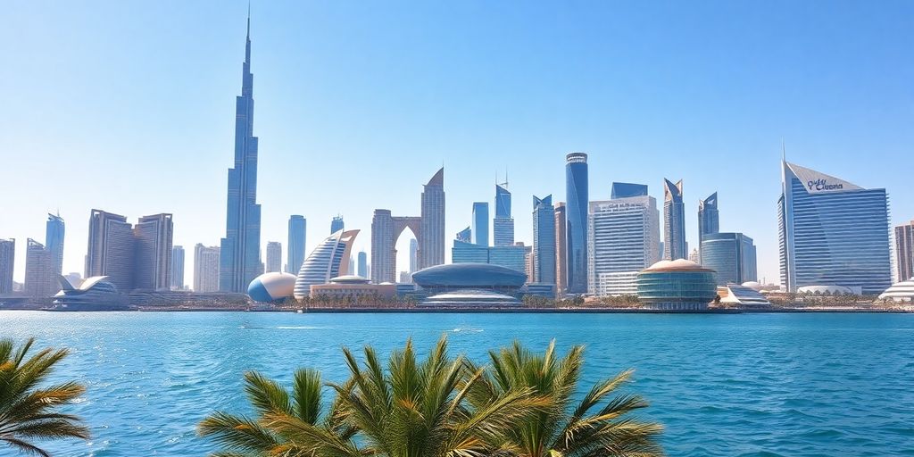 Dubai skyline with Burj Khalifa and palm trees.