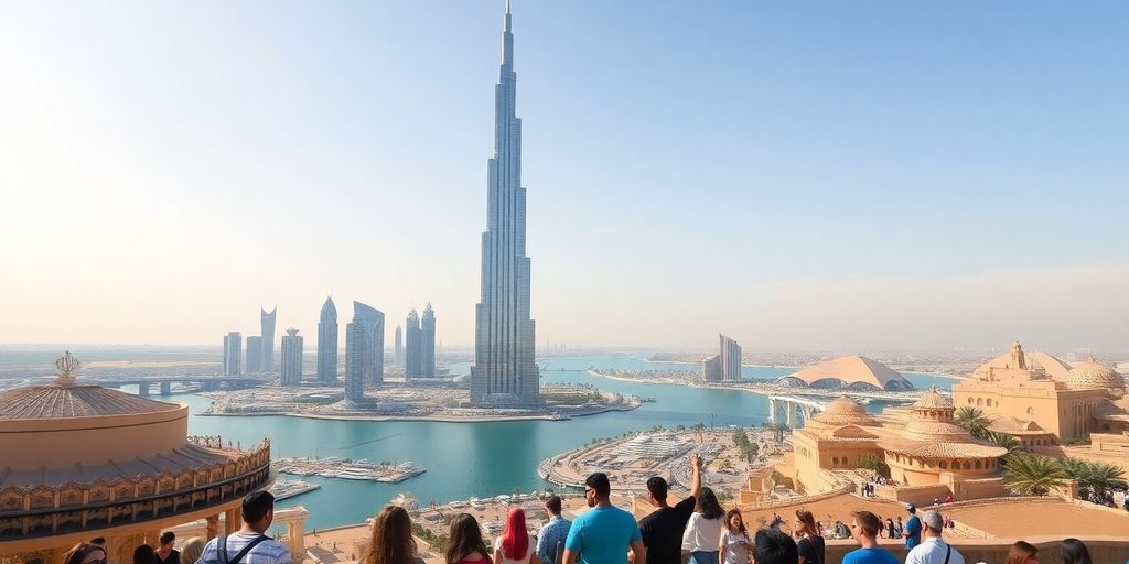 Dubai skyline with Burj Khalifa and vibrant desert adventure.