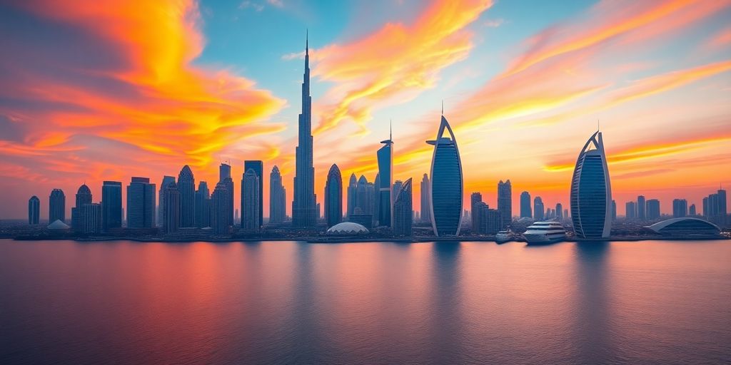 Dubai skyline with Burj Khalifa at sunset.