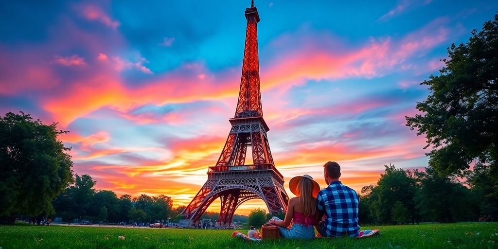 Eiffel Tower at sunset with a couple having a picnic.