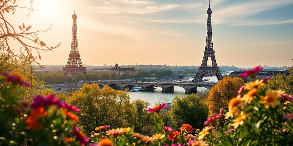 Scenic Paris with Eiffel Tower and blooming flowers.