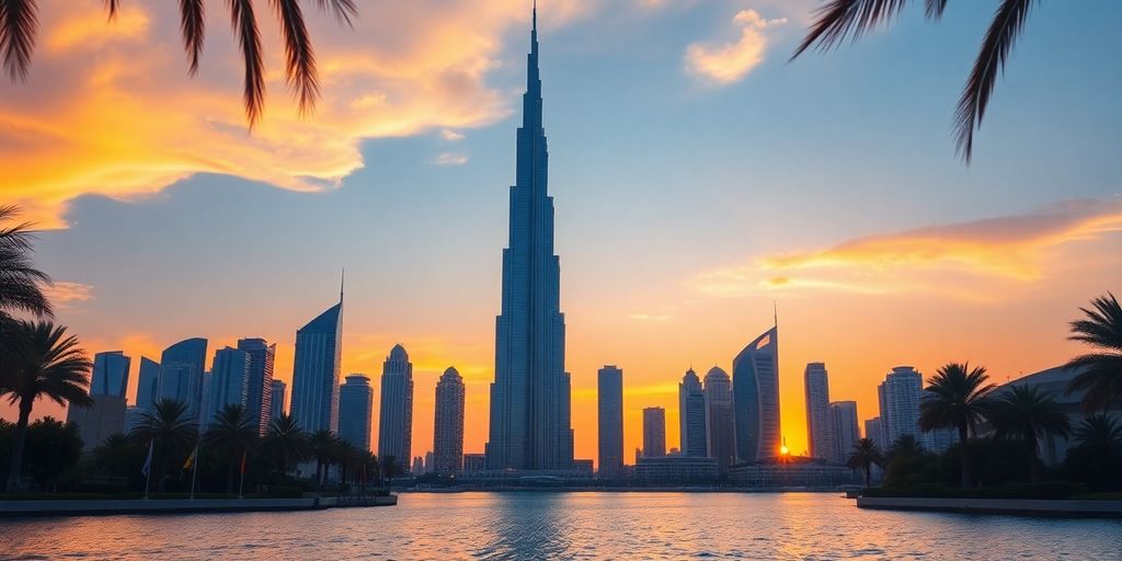 Dubai skyline at sunset with Burj Khalifa and palm trees.