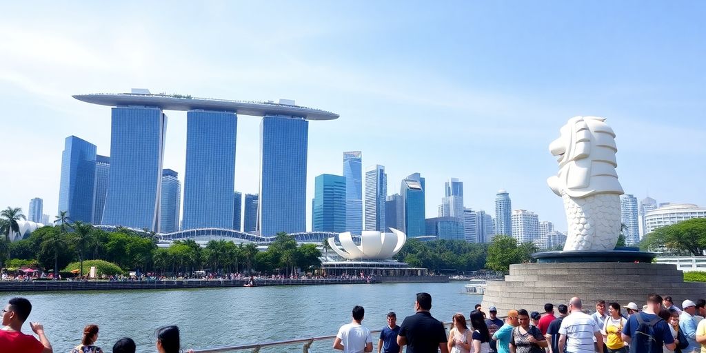 Singapore skyline with Marina Bay Sands and Merlion.