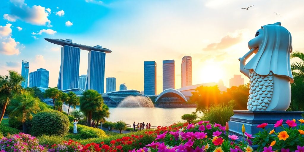 Collage of Singapore landmarks and lush greenery.